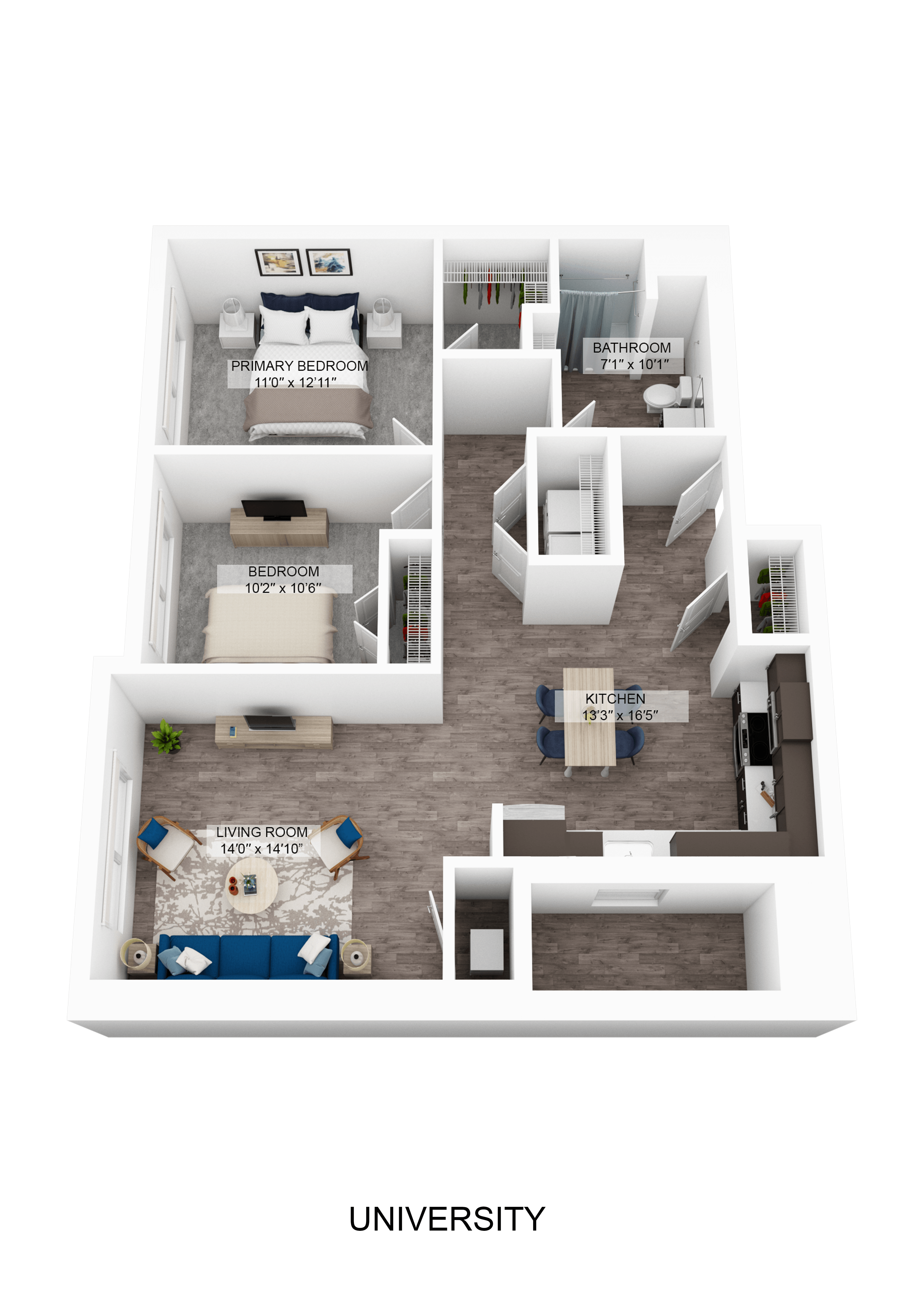 Floor plan for 2 beds, 1 bath, 1024 sqft
